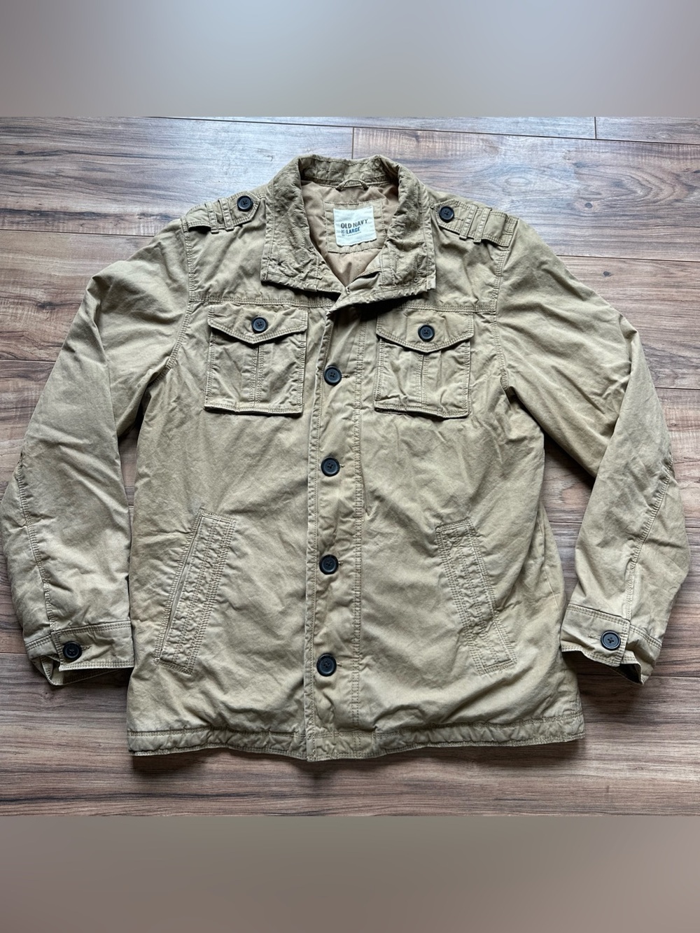 Old Navy Mens Field Jacket L Khaki Cotton Utility Military Button Front Y2K Vtg